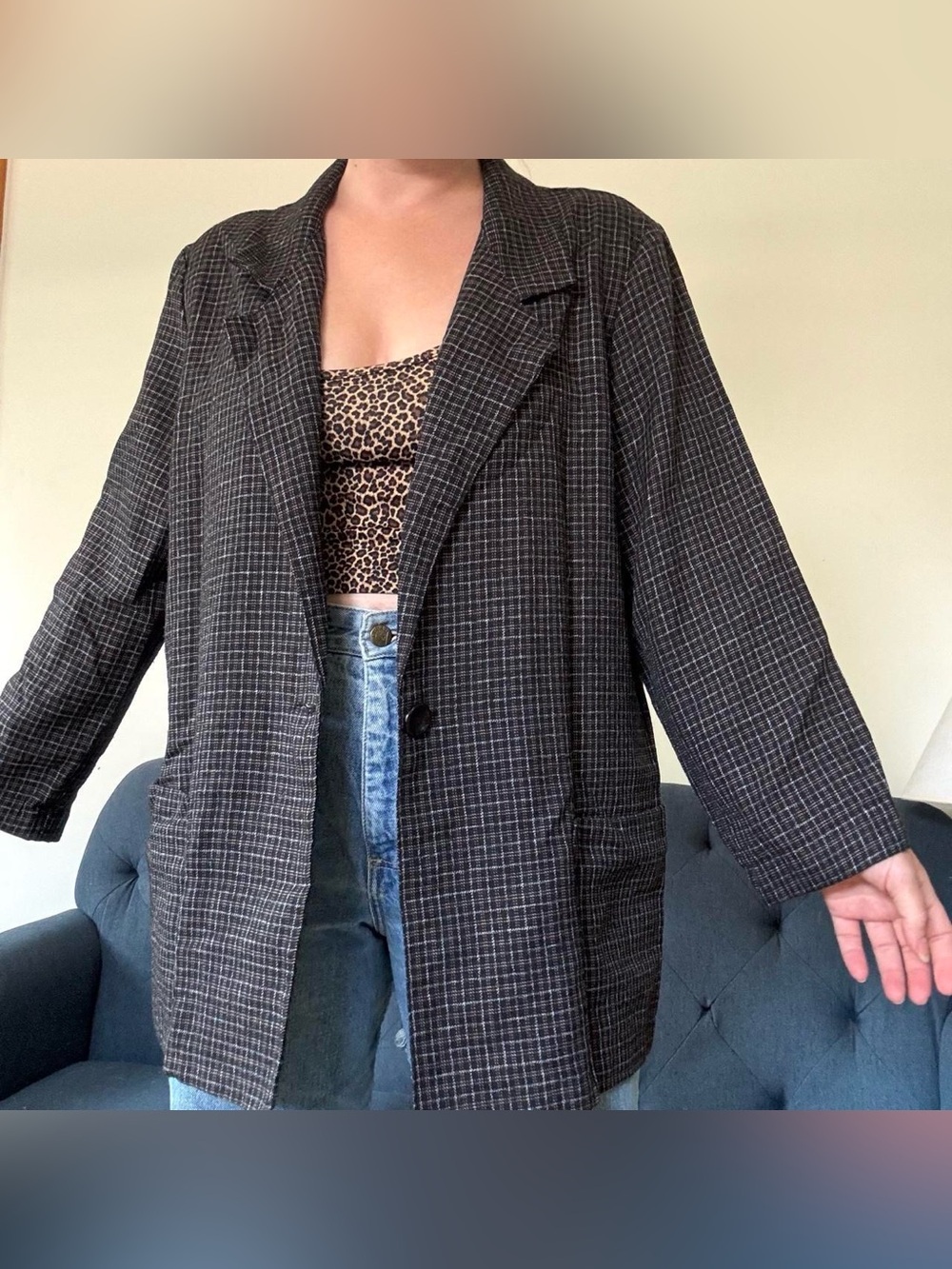 Vintage Joanna black, white, and tan plaid checked blazer